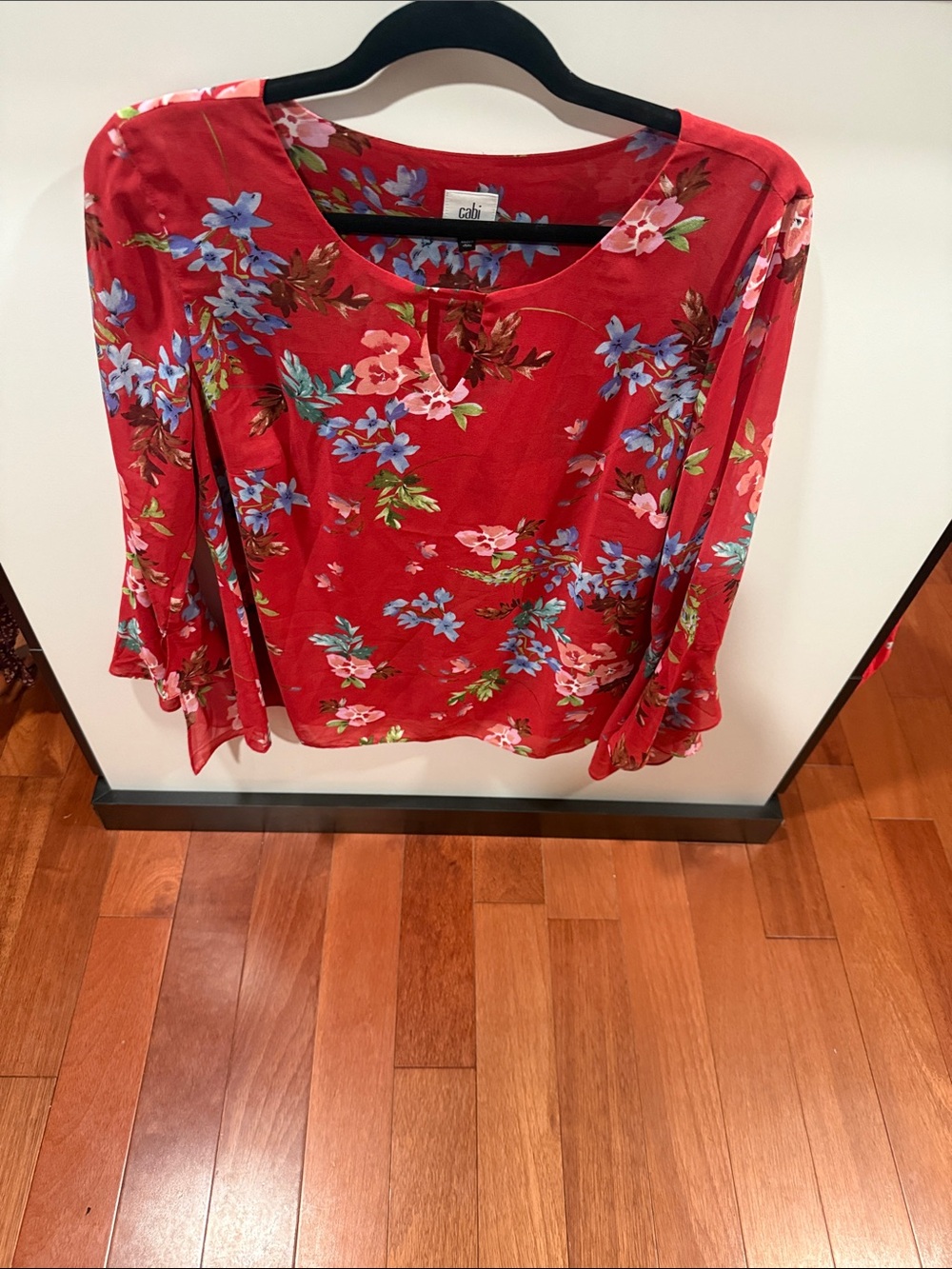 CAbi Red Floral Scoop Neck Blouse with Blue and Pink Accents